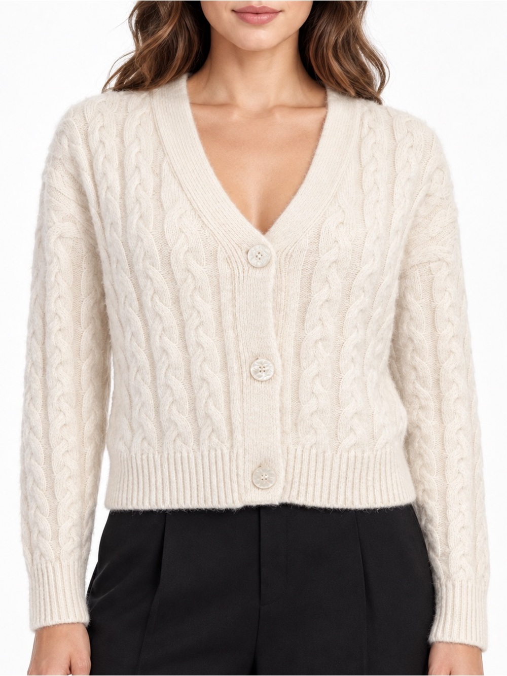 Elie Tahari Ivory Cropped Cable Knit Cardigan V-Neck Size M